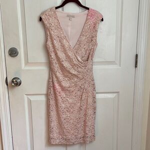 DRESS BARN Elegant Pink Floral Lace Silver Sequin Cap Sleeve Dress Size 8 Petite